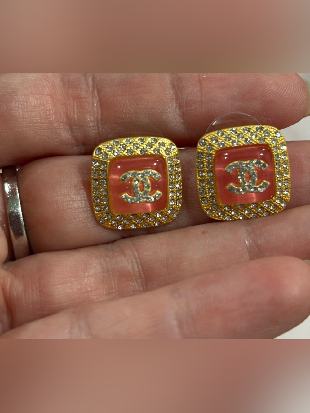 676. Upcycled Gold and Coral-Colored Resin W Border Of Crystals Earrings